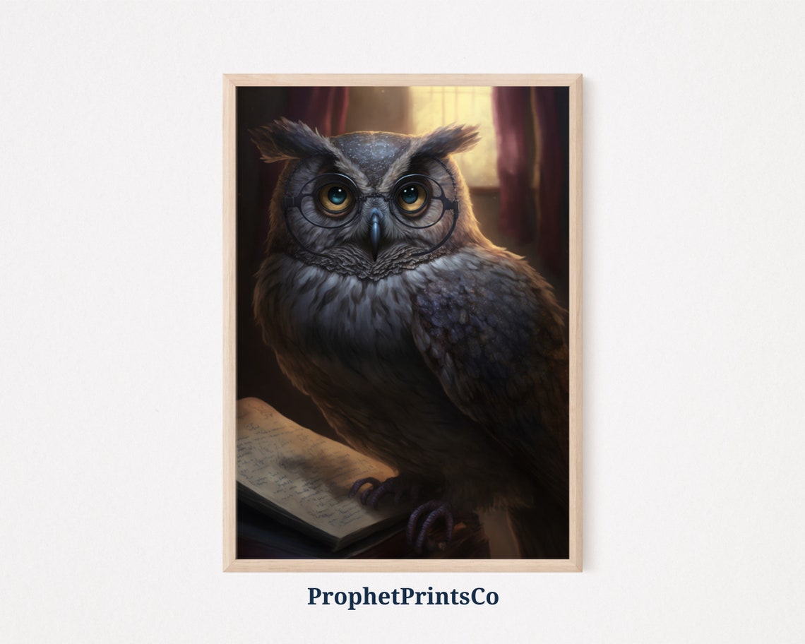 Wise Owl With Glasses Reading Book Library Scholar Bird Poster
