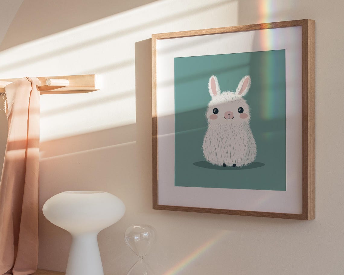 Fluffy White Bunny Cartoon Teal Background Cute Nursery Decor Poster - Image 3