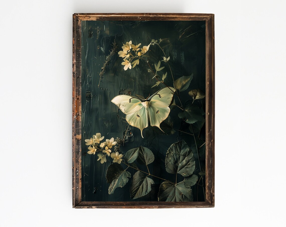 Pale Luna Moth Among Dark Botanical Leaves Dark Goth Art Poster - Image 3