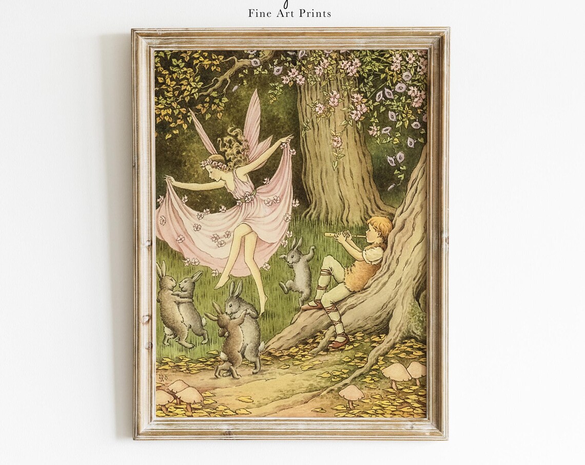 Woodland Fairy Dance with Rabbits Vintage Illustration Poster