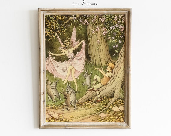 Whimsical Dancing Fairy And Rabbits Illustration By Ida Rentoul Outhwaite Vintage Wall Art Nursery