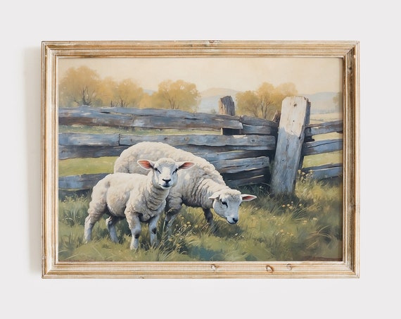 Vintage Spring Lamb Nursery Painting Kids Room Sheep Farmhouse Decor Rustic Country Wall Art