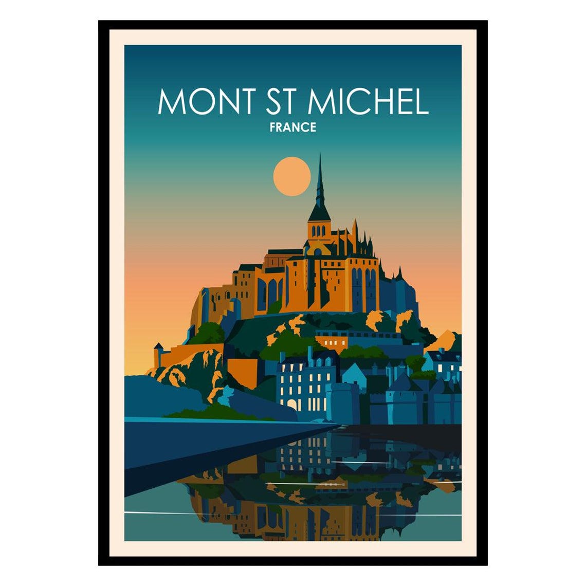 Mont St Michel France Travel Poster Sunset Abbey Island Reflection