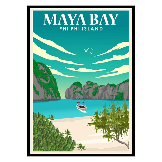 Maya Bay Phi Phi Island Vintage Travel Poster Limestone Cliffs Tropical Sea