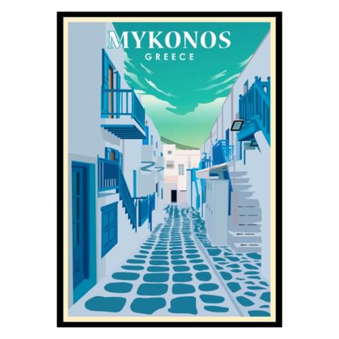 Mykonos Greece Blue White Cobblestone Street Vintage Travel Poster