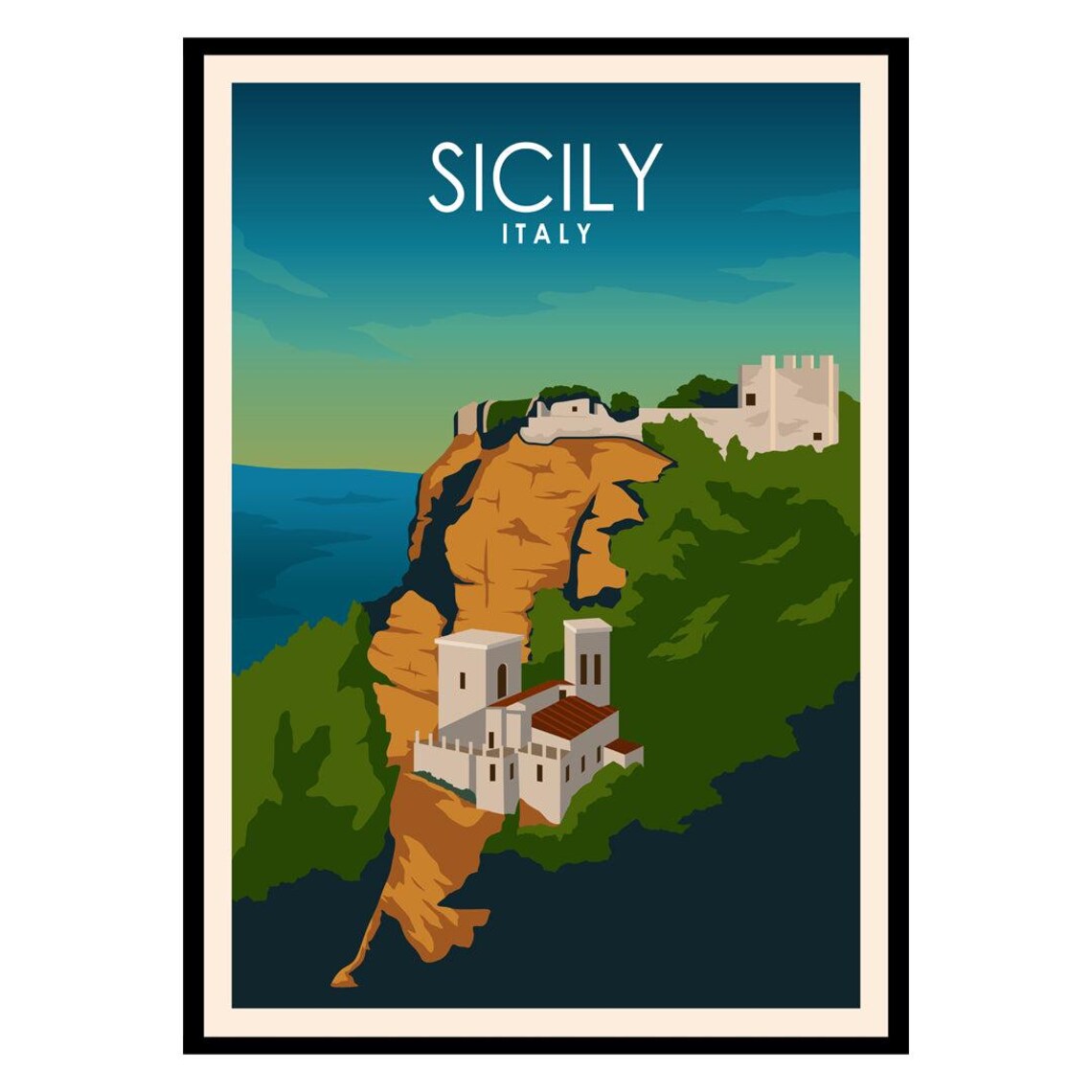 Sicily Italy Vintage Travel Poster Coastal Cliff Castle Seaside Art