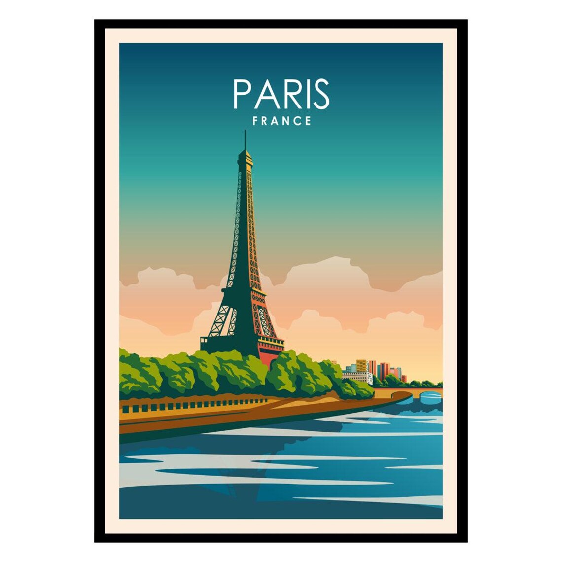 Paris France Eiffel Tower Seine Riverside Vintage Travel Art Poster