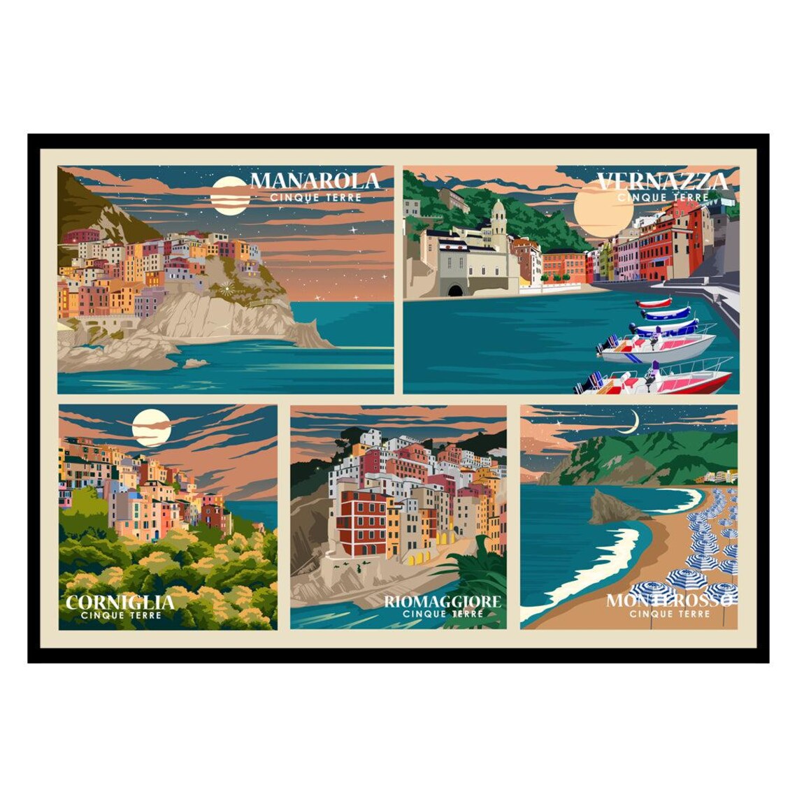 Cinque Terre Five Villages By Night Italian Coastal Collage Poster