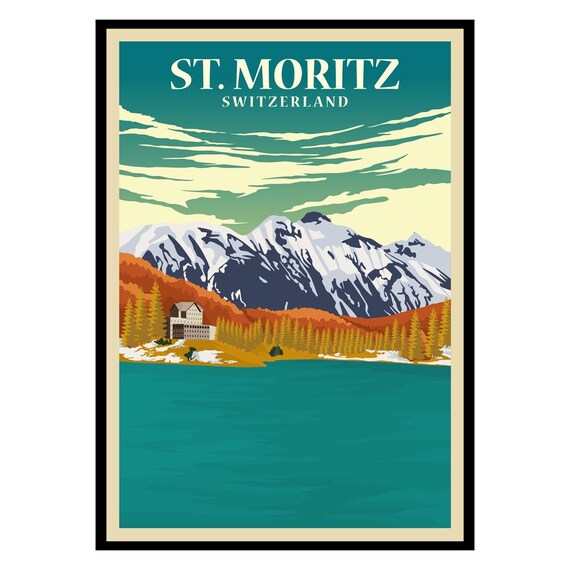 St Moritz Switzerland Vintage Alpine Lake Mountains Travel Poster
