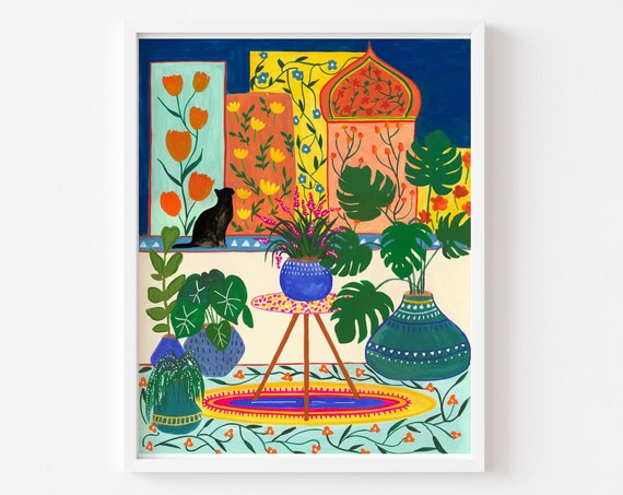 Morocco Black Cat Travel Poster, Floral Wall Art