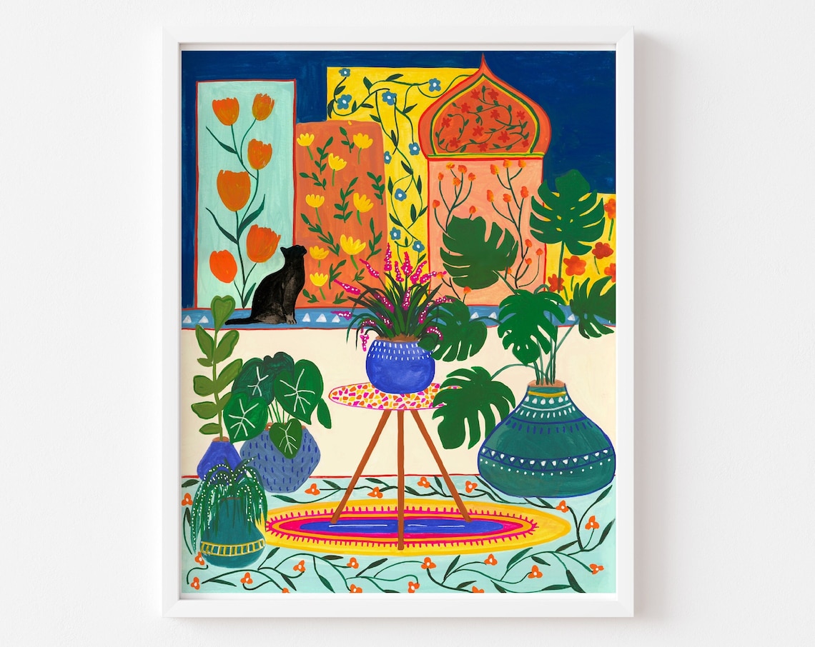 Morocco Black Cat Travel Poster, Floral Wall Art
