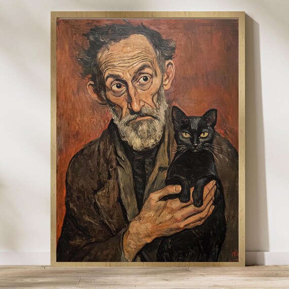 Elderly Man Holding Black Cat Expressionist Oil Portrait Painting Poster