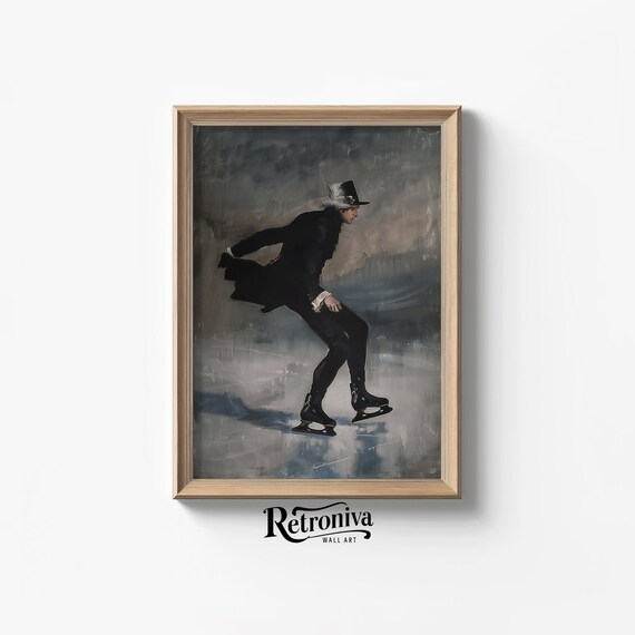 Victorian Gentleman Ice Skating in Top Hat Moody Winter Painting Poster