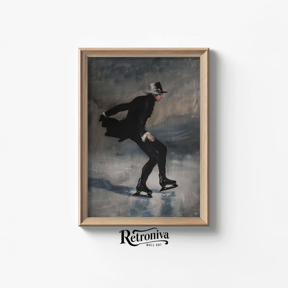 Winter Skating Wall Art Vintage Winter Oil Painting Moody Winter Prints Retroniva Art Wnt 007