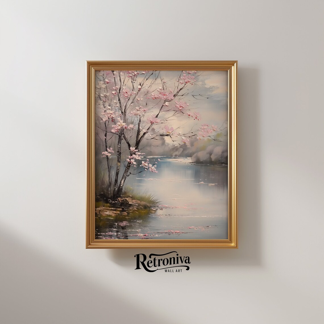 Cherry Blossom Tree by Calm Spring Lake Moody Blossom Painting Poster - Image 2
