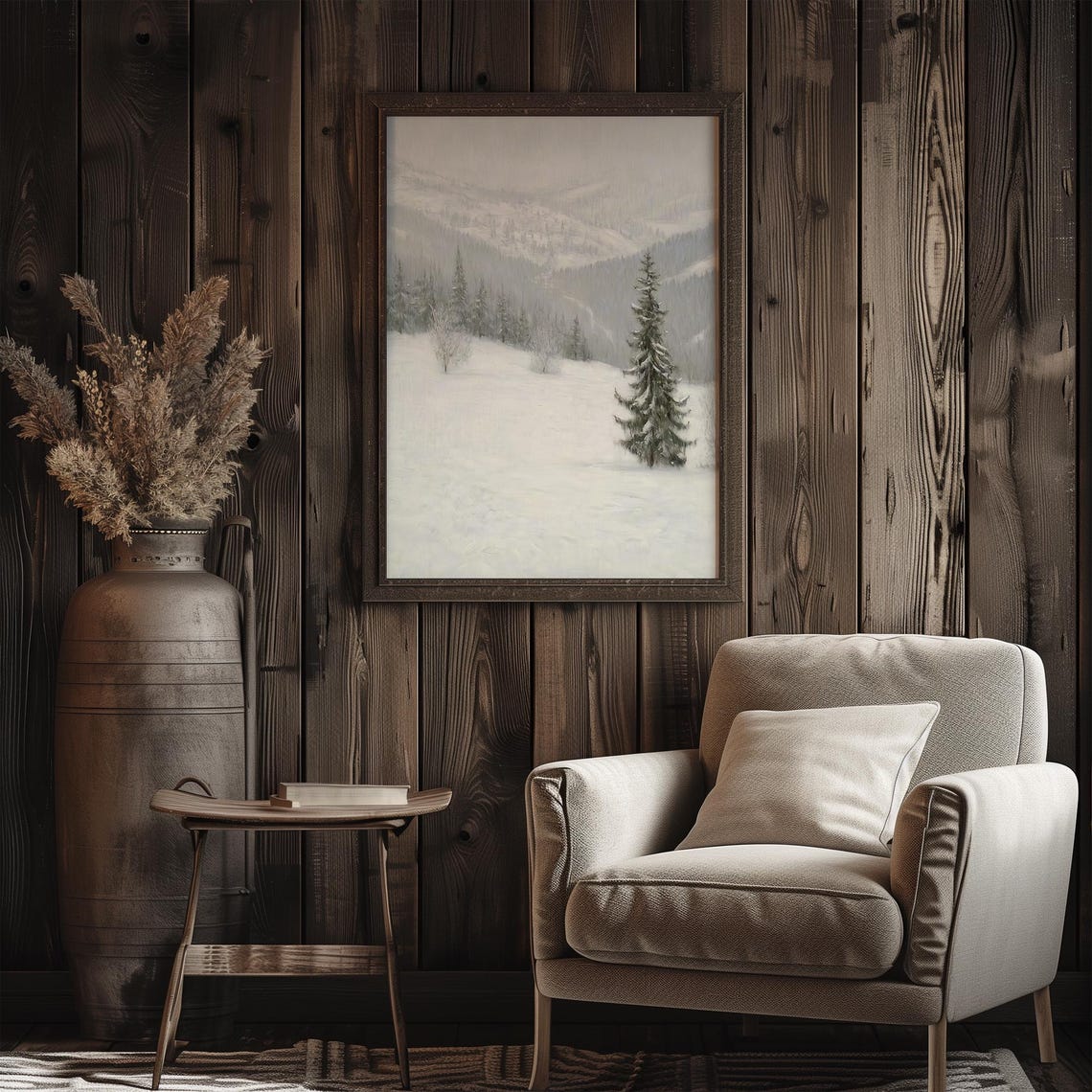 Muted Snowy Mountain Valley Vintage Winter Landscape Pines Poster - Image 3