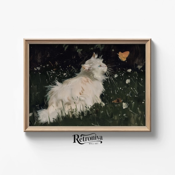 White Cat Watching Butterfly in Dark Garden Moody Feline Poster