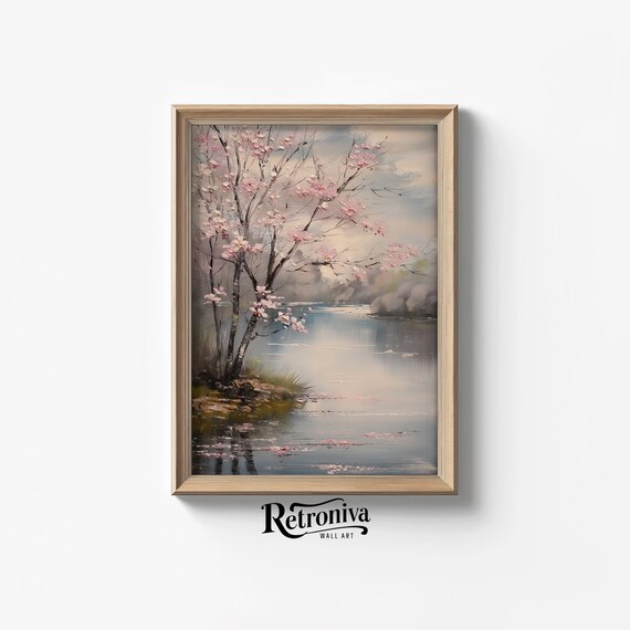Cherry Blossom Tree by Calm Spring Lake Moody Blossom Painting Poster