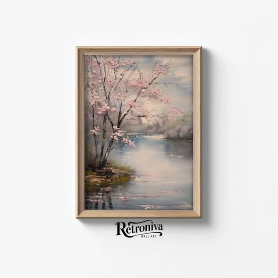 Cherry Blossom Tree Painting Oil Painting Spring Lake Landscape Moody Spring Wall Art Decor Retroniva Art Spg 006
