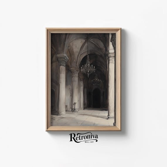 Abandoned Church Scene Vintage Architecture Neutral Wall Art Moody Architecture Art Watercolor Painting Retroniva Art Arc 009