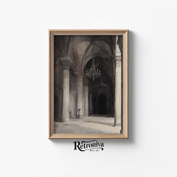 Abandoned Gothic Church Interior Arches Chandeliers Moody Poster