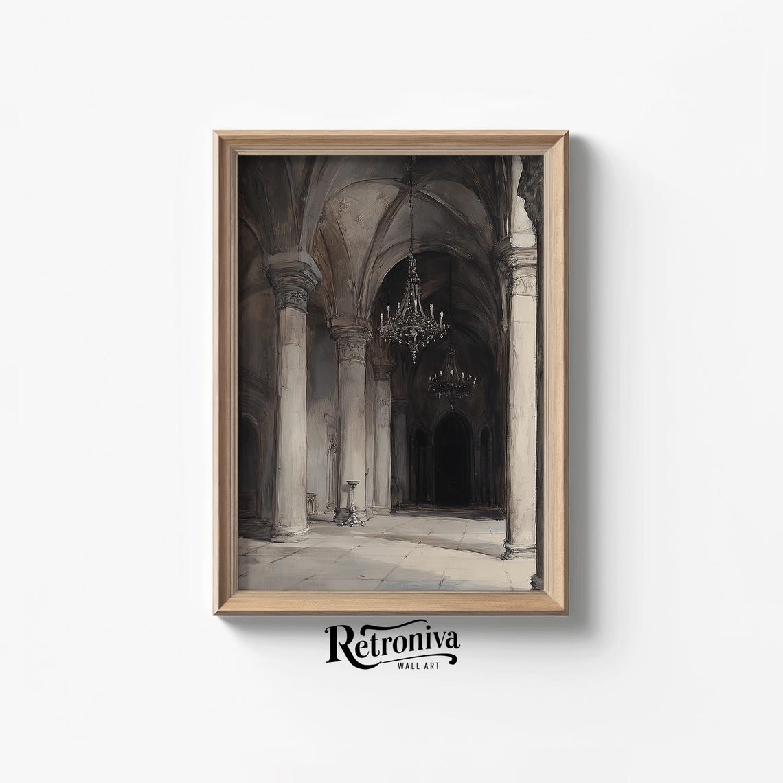 Abandoned Gothic Church Interior Arches Chandeliers Moody Poster