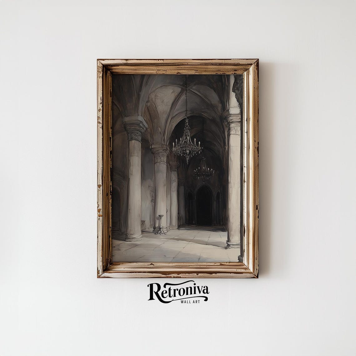 Abandoned Gothic Church Interior Arches Chandeliers Moody Poster - Image 4