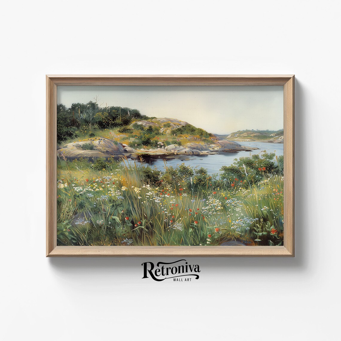 Vintage Summer Riverside Wildflower Meadow And Rocky Hills Poster