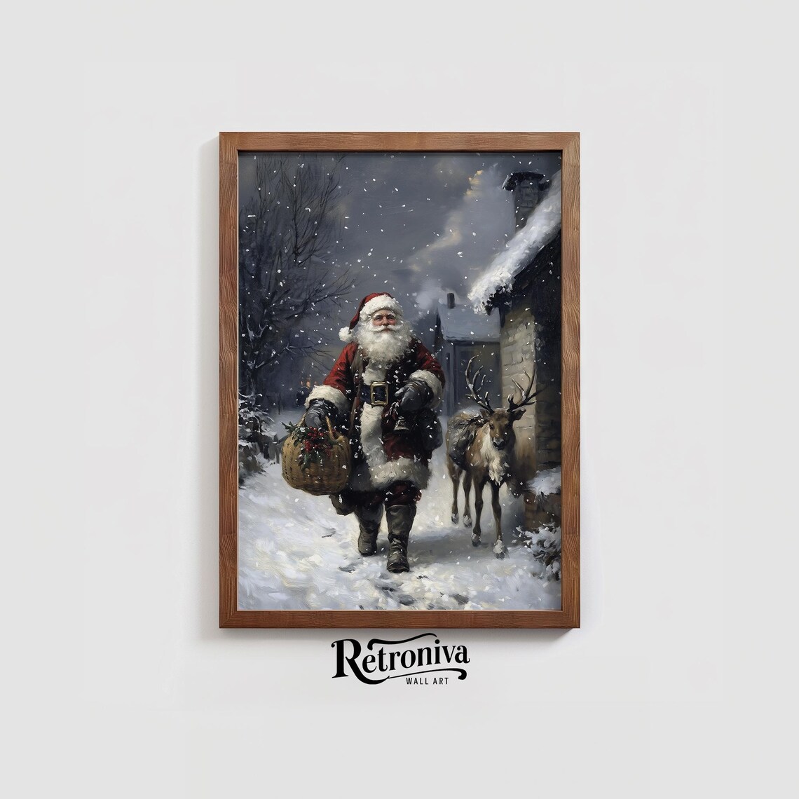 Santa Claus with Reindeer on Snowy Night Vintage Christmas Poster - Image 4