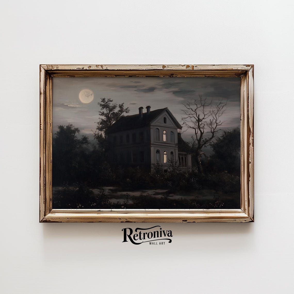 Rustic House Moonlight Full Moon Moody Night Landscape Painting Poster - Image 6