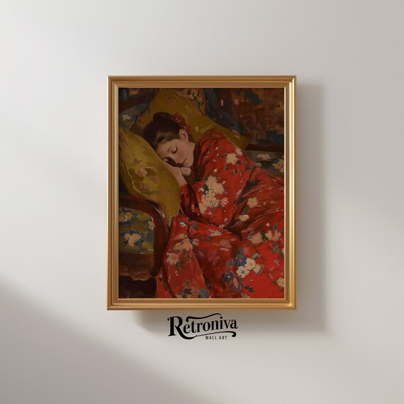 Tired Woman Sleeping Red Kimono Chaise Vintage Portrait Oil Painting Poster