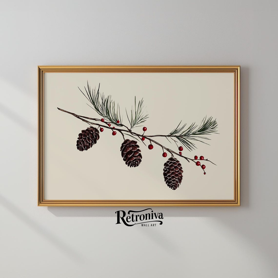 Pinecones And Red Berries Branch Vintage Winter Botanical Print - Image 2