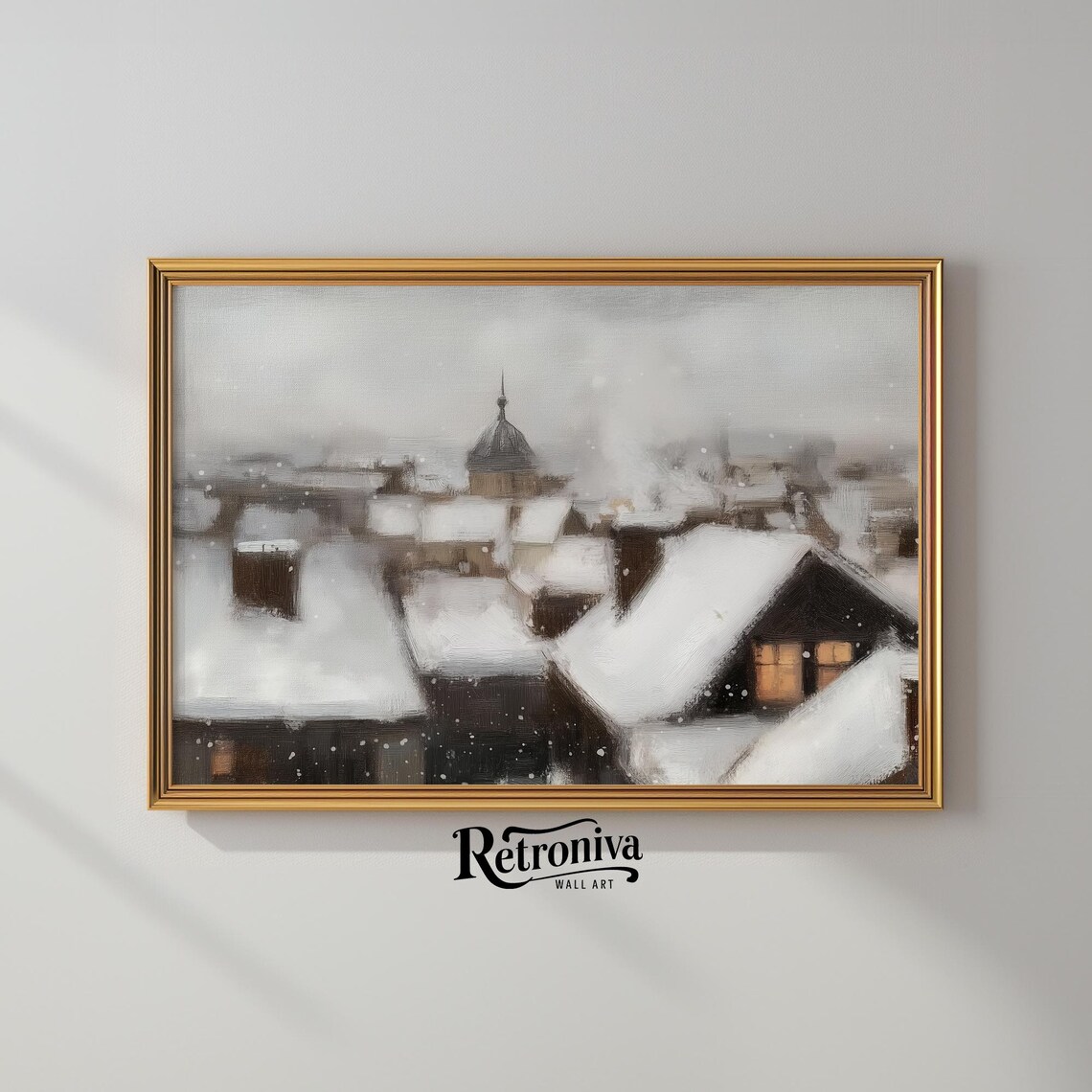 Snow Falling Over Old Town Rooftops Winter Cityscape Vintage Painting Poster - Image 2