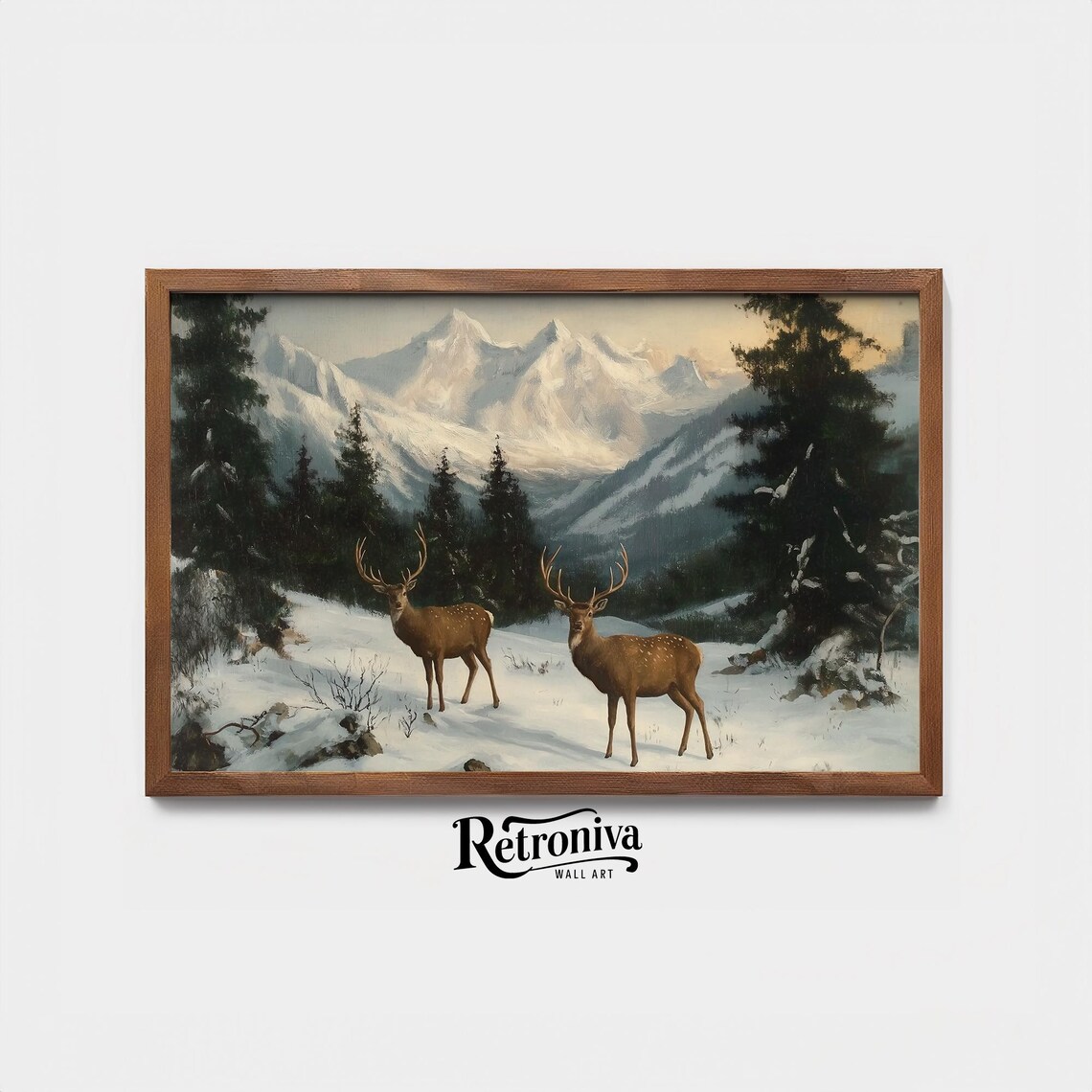 Deer In Snowy Mountain Landscape, Vintage Winter Poster - Image 4