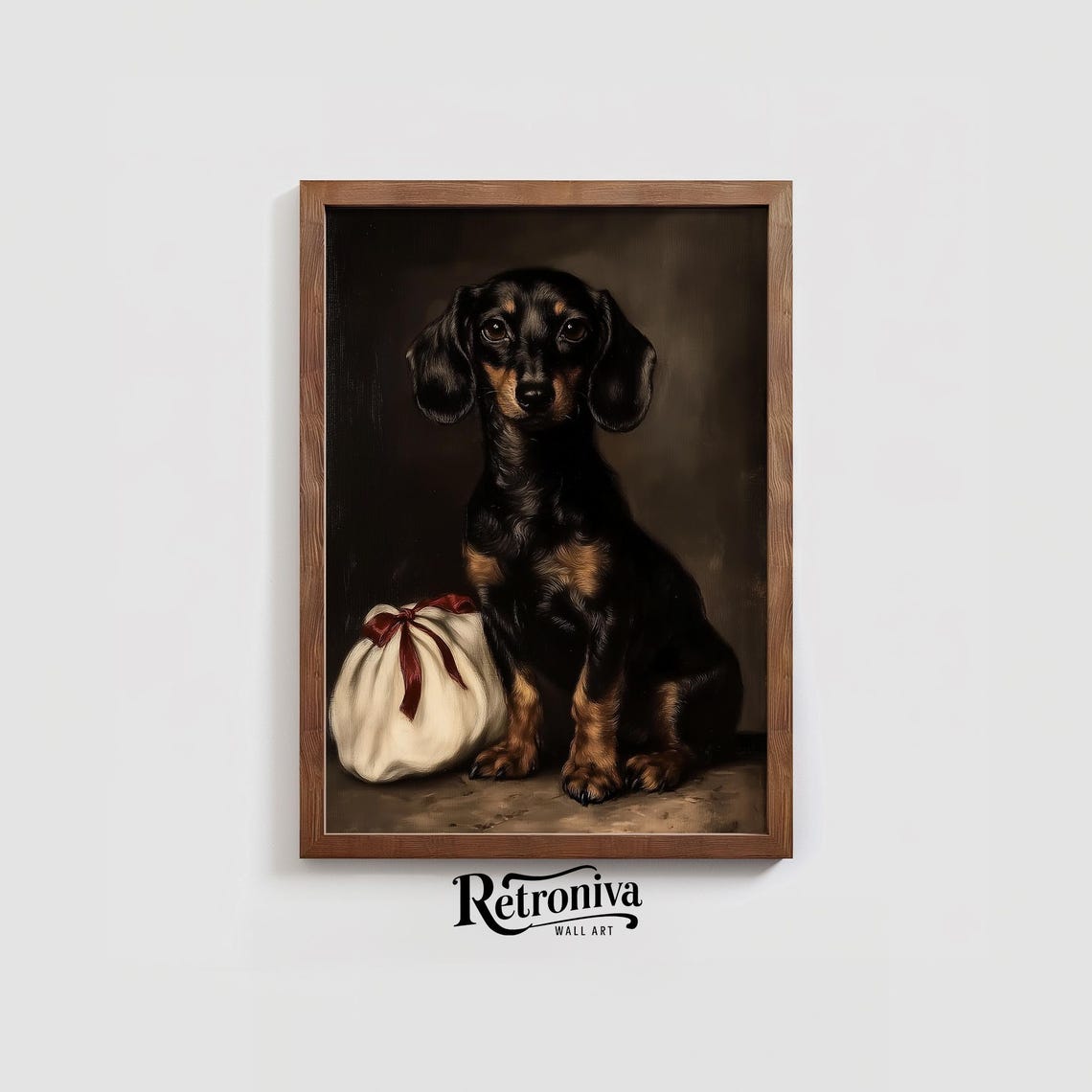 Dachshund Dog Portait And Christmas Gift Bag Vintage Animal Wall Art Animal Oil Painting Christmas Decor Retroniva Art Anm 026 - Image 3