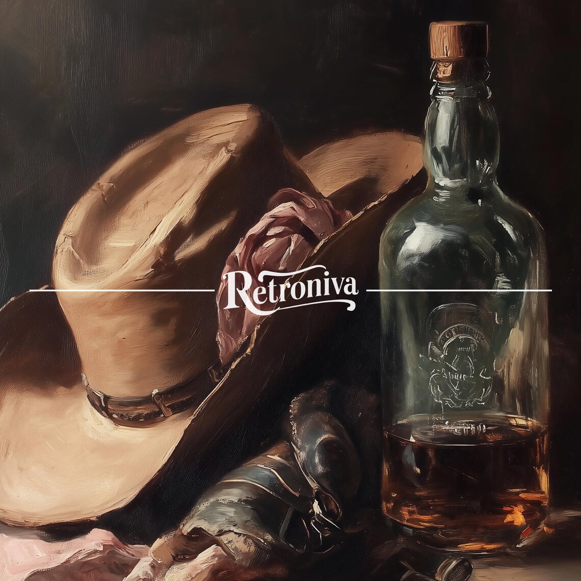 Cowboy Hat and Whiskey Bottle Vintage Western Still Life Poster - Image 7