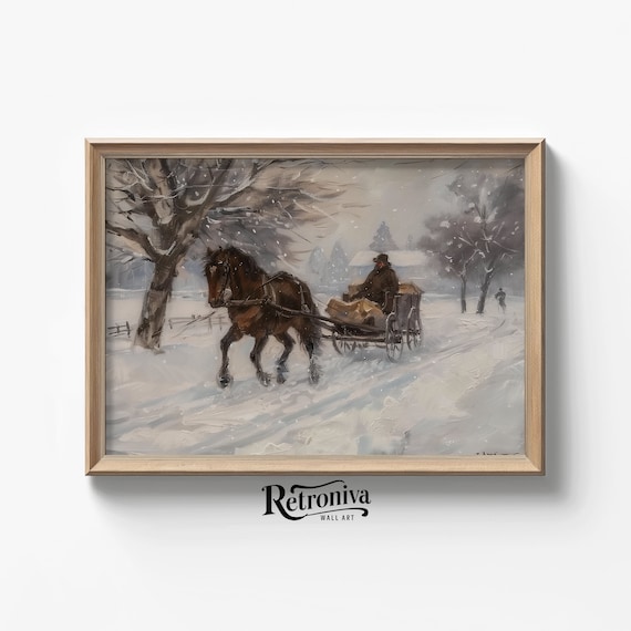 Horse Drawn Sleigh in Winter Snowstorm Vintage Country Painting Poster