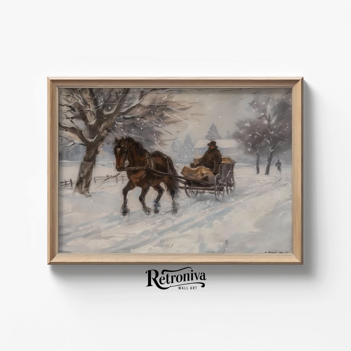 Horse Drawn Sleigh in Winter Snowstorm Vintage Country Painting Poster