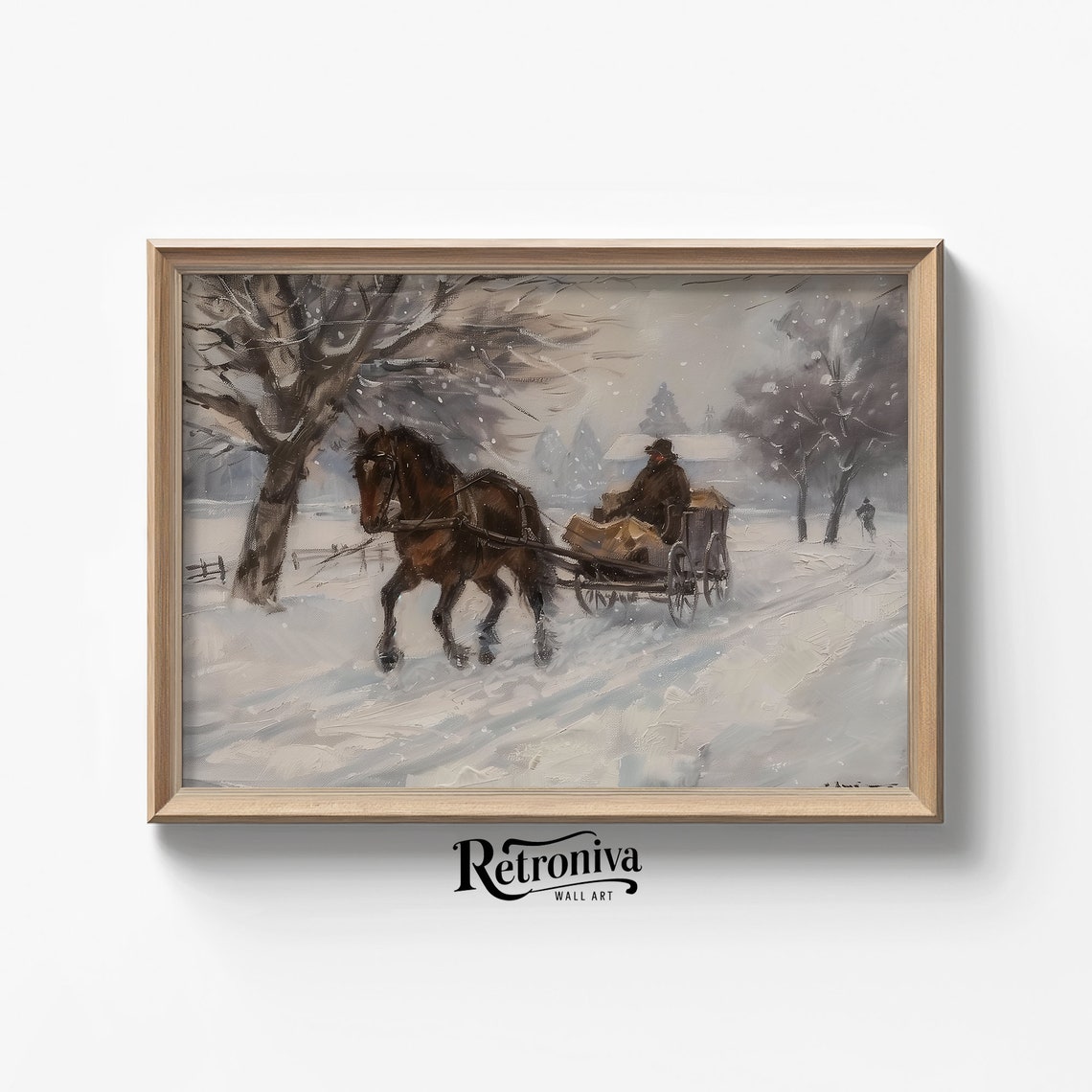 Winter Sleigh Horse Carriage Painting Winter Snowstorm Wall Art Vintage Winter Landscape Oil Painting Retroniva Art Wnt 001