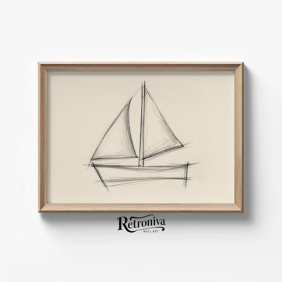 Minimalist Sailboat Pencil Sketch Vintage Nursery Coastal Poster