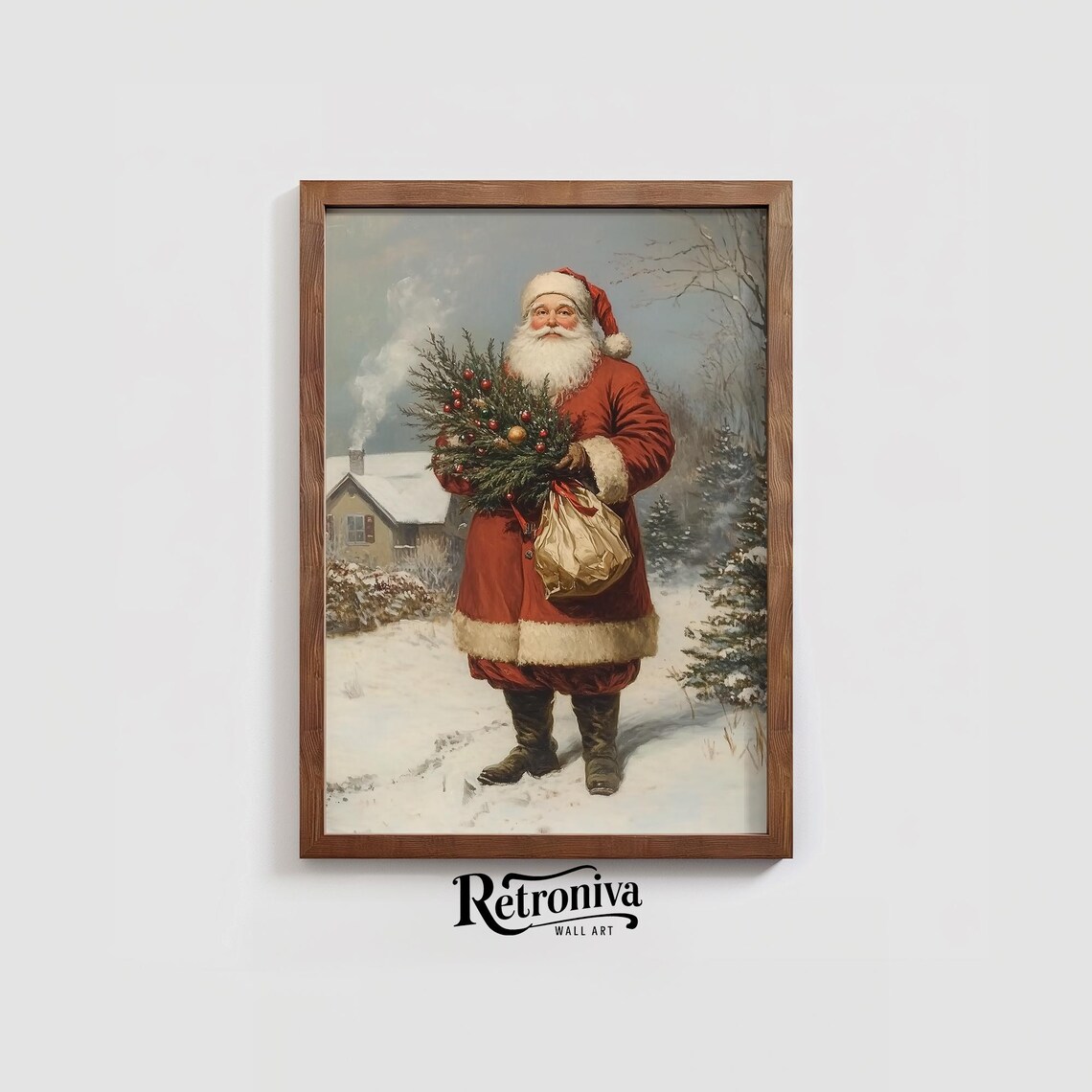 Antique Santa With Christmas Gifts Portrait In Snowy Winter Landscape Wall Art Traditional Holiday Decor Retroniva Art Prt 014 - Image 3