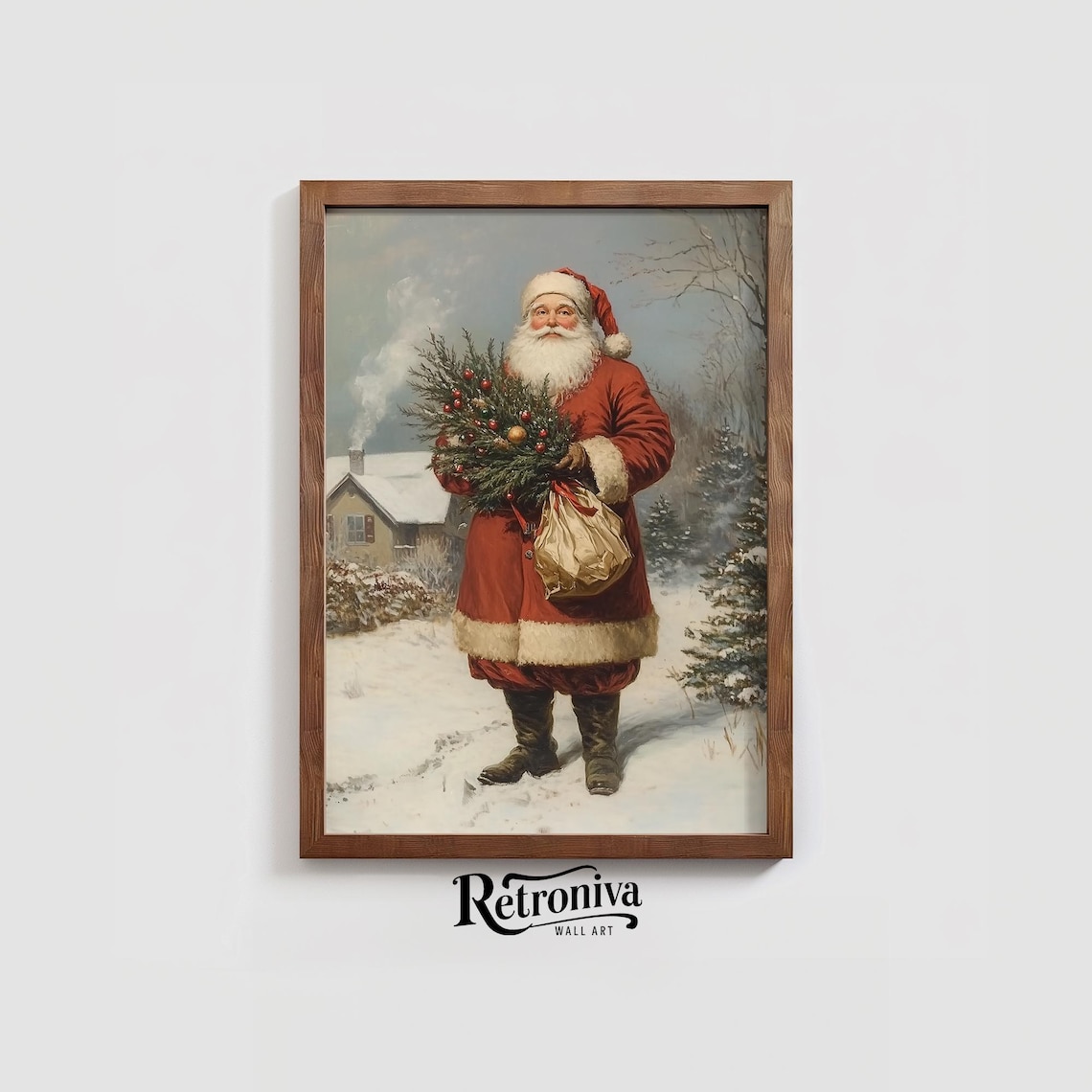Vintage Santa Claus With Christmas Gifts In A Snowy Scene Poster - Image 3