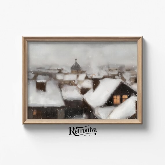Snow Falling Over Old Town Rooftops Winter Cityscape Vintage Painting Poster