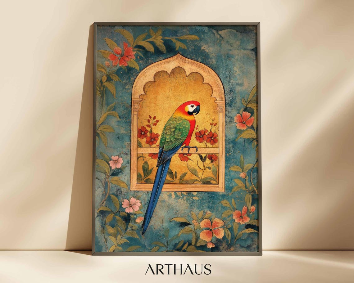 Indian Folk Parrot in Mughal Arch Teal Gold Vintage Bird Poster