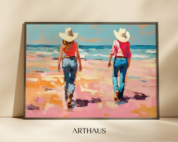 Two Cowgirls Walking To The Ocean On A Pink Sunset Beach Poster