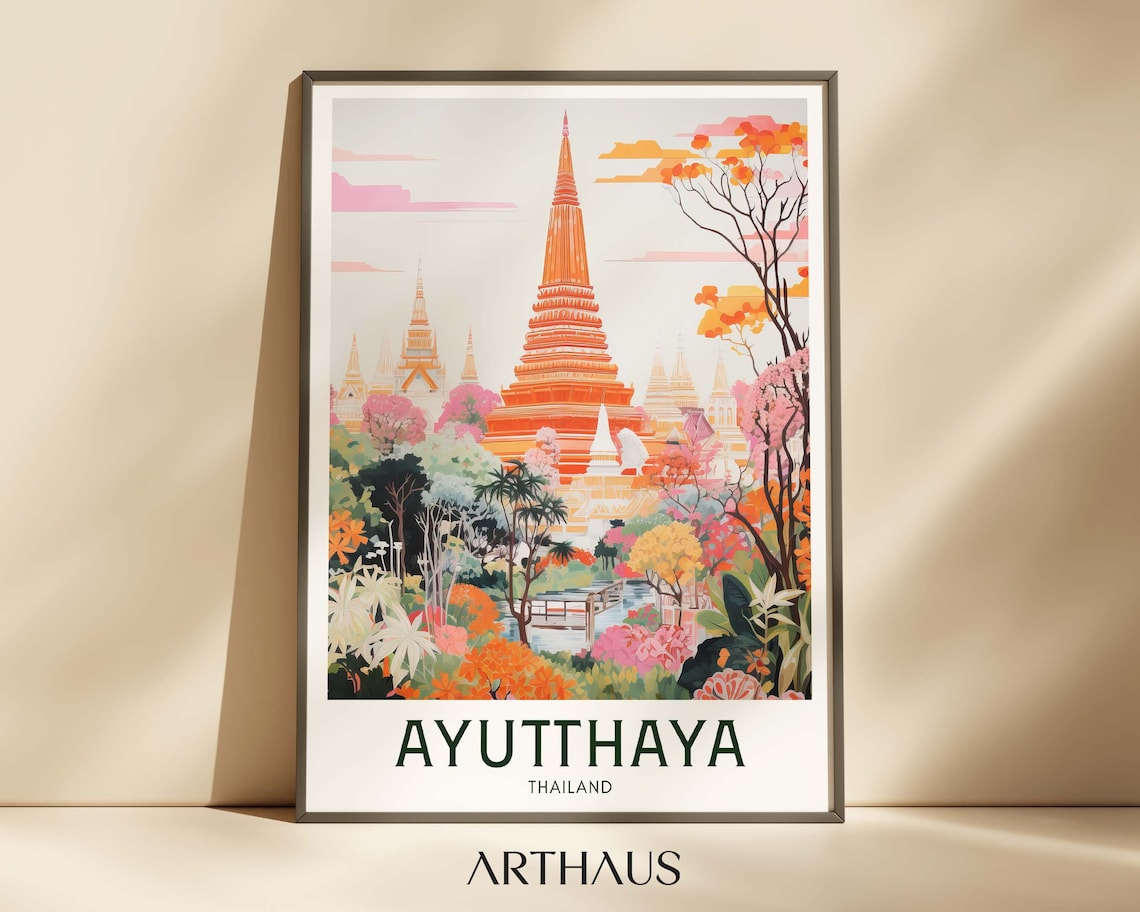 Ayutthaya Vintage Travel Poster, Asia Travel Art Print