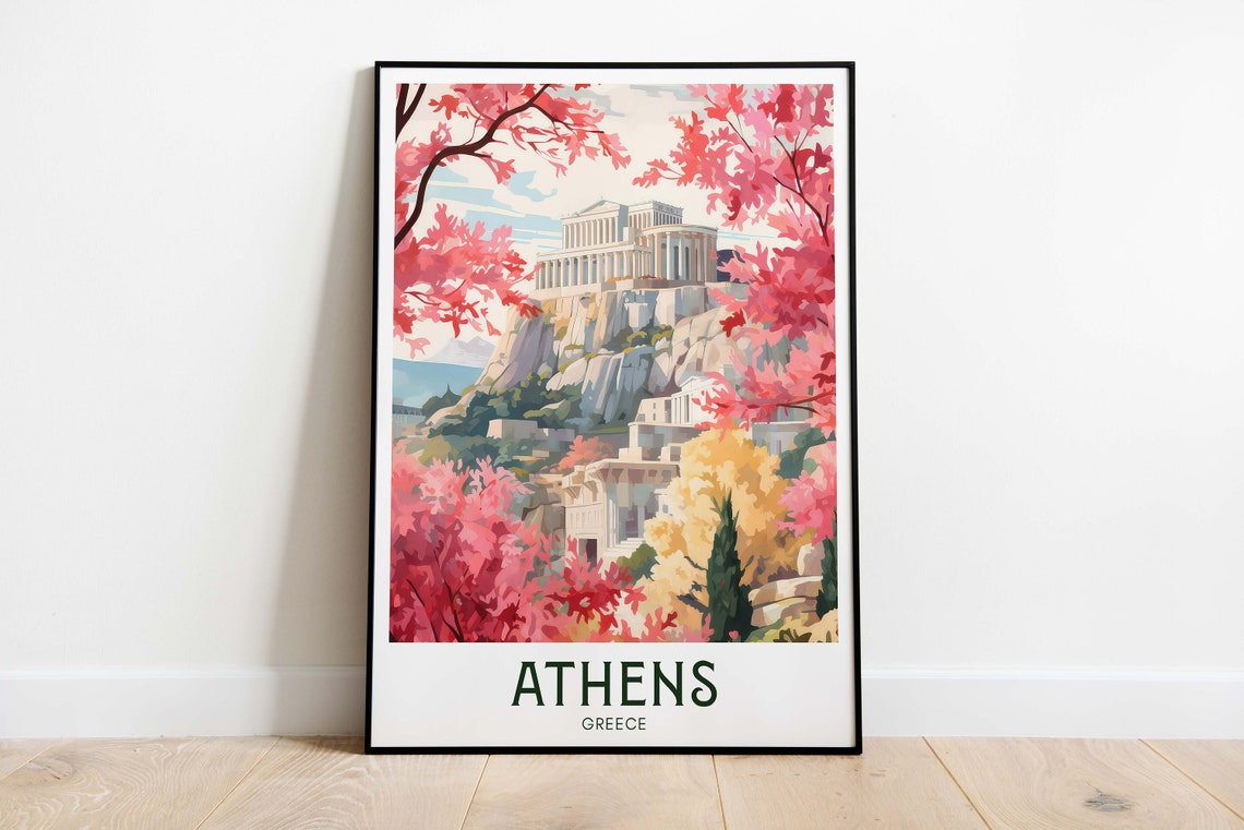 Athens Greece Vintage Travel Poster with Acropolis and Red Trees