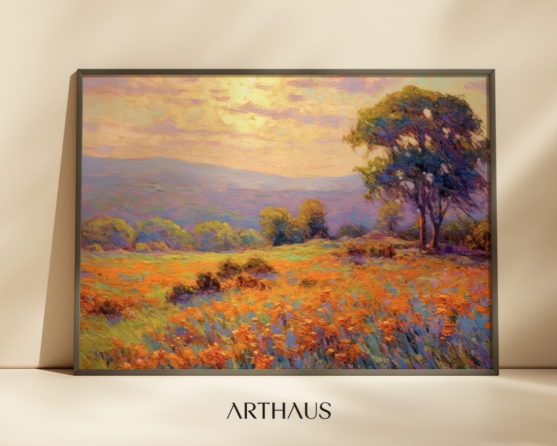Vintage Landscape Oil Painting Farmhouse Decor Wall Art Wildflower Field Landscape Oil Painting