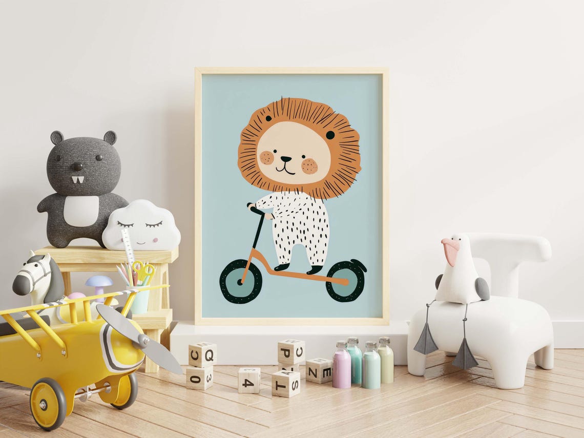 Cute Lion Riding an Orange Scooter Boho Nursery Kids Room Poster