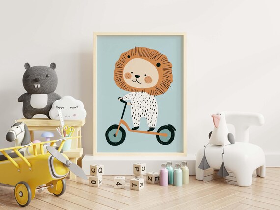 Cute Lion Riding an Orange Scooter Boho Nursery Kids Room Poster